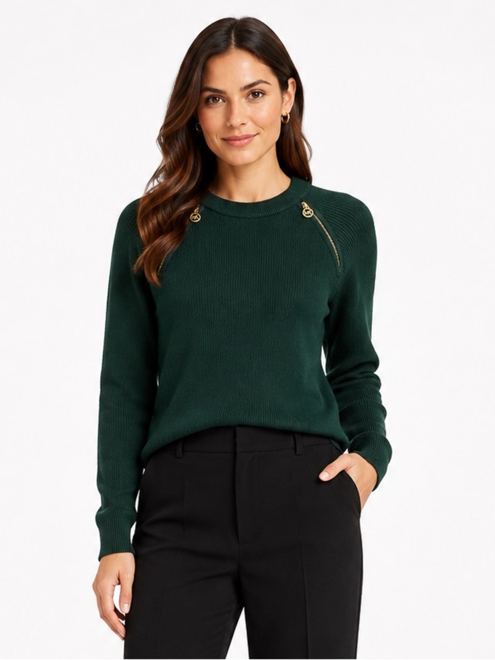 Michael Kors Dark Green Crewneck Sweater with Zipper Detail